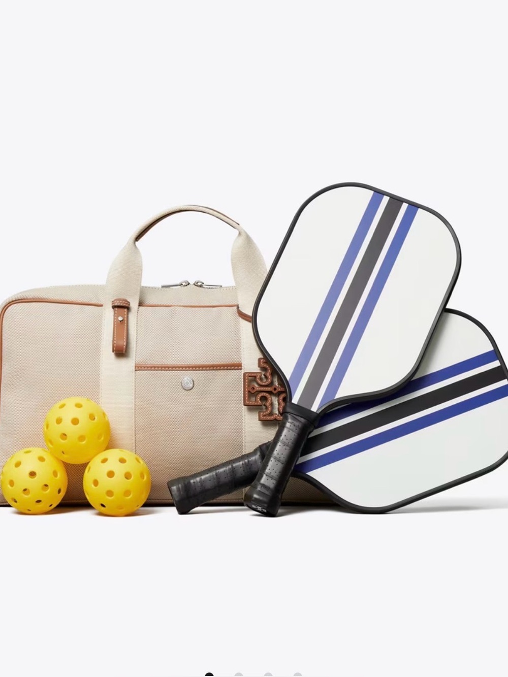 Tory Burch Canvas Pickleball Duffel in Cream with Tan Trim and Logo Charm